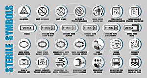 Full vector set of sterilized and disinfectant symbols for medical device package, using ISO, FDA icons. Packaging pictograms