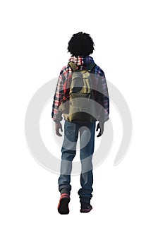 full view of a black African american boy wearing plaid winter shirt , jean pants and boots. black power hairstyle. green backpack