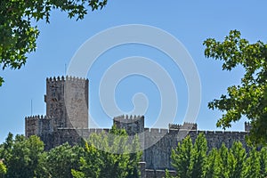 Full view at the fortress and tower of medieval Belmonte Castle, iconic monument building and portuguese patrimony