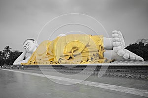 Full view of large Mya Tha Lyaung Reclining or sleeping Buddha in black and white with yellow robe