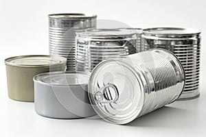 Full View of Stacked Silver Cans: Concept for Old-fashioned Food Storage, Emergency Meal Preparation, and Recycling Aluminium