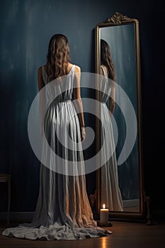 Full view of a young retro Victorian woman wearing a long dress and starring into a mirror - candle light