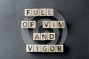 Full of vim and vigor - phrase from wooden blocks with letters