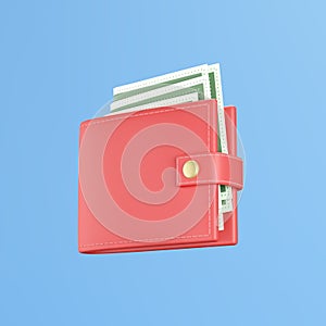 Full wallet with cash, red purse and money, perspective view on a blue background.