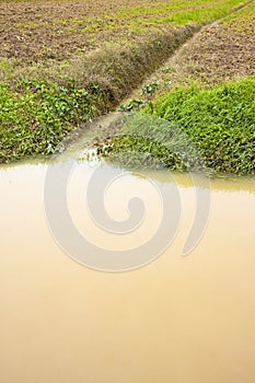 Full water ditch in a field after torrential rain