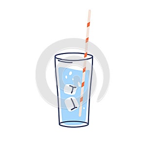 Full water glass with ice cubes and straw. Clean cold fresh aqua in lineart cup. Sparkling carbonated refreshing drink