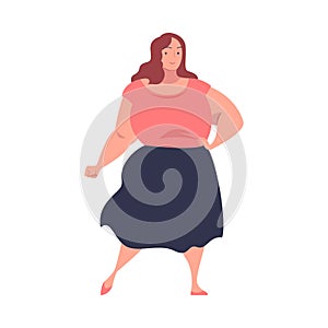 Full Woman Character with Plump Body Standing and Smiling Vector Illustration