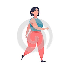 Full Woman Character with Plump Body Walking and Smiling Vector Illustration