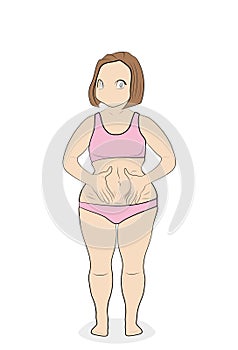 The full woman shows her fullness. slimming concept. vector illustration.