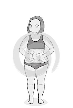 The full woman shows her fullness. slimming concept. vector illustration.