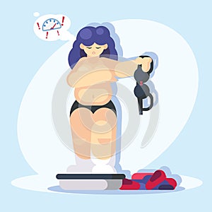 Full woman on the weight scale is upset with her weight. Girl is undressing. Flat style vector illustration clipart. -