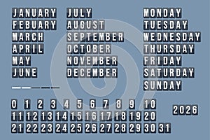 Full Year Calendar Grid with Months Weekdays and Number Blocks in Blue Background