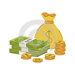 A full yellow bag with a dollar sign and a stack of cash banknotes and coins. A symbol of wealth, savings.