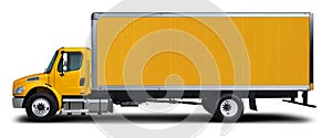 Full yellow Freightliner M2 delivery truck side view.