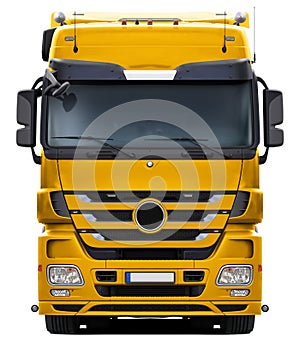 Full yellow truck Mercedes Actros front view.