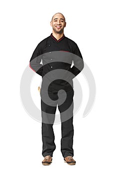 Fullbody portrait of Afro American professional cook isolated.