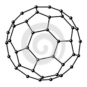 Fullerene, a molecular compound, convex closed polyhedra composed of tricoordinated carbon atoms from black lines and spheres.