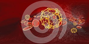 Fullerene nanoparticles in blood, conceptual 3D illustration, 360 degree panorama