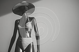 fulllength mannequin in a highcut swimsuit and beach hat photo