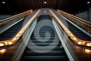 fulllength view of an empty escalator with lights on
