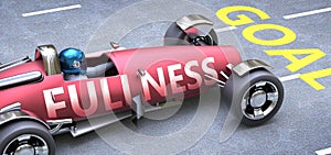 Fullness helps reaching goals, pictured as a race car with a phrase Fullness on a track as a metaphor of Fullness playing vital