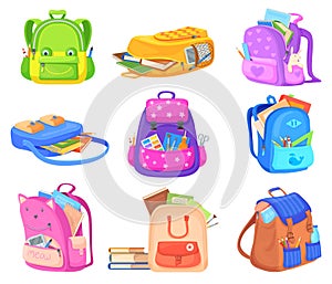 Fullness school knapsack. Stationary open schoolbag supply stationery students elements, children rucksack kids backpack photo