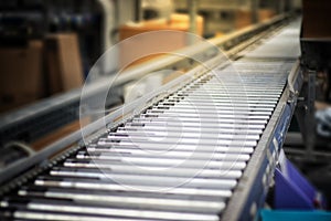 Fully automated logistics warehouse with a conveyor belt. Background is blurred. It is a modern storage