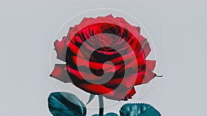 Fully blossomed open red rose with pure white background