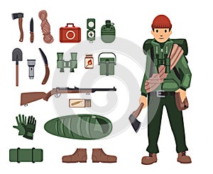 Fully bushcraft-equipped man with isolated bushcraft items nearby. Survival kit in details. Set of isolated images on