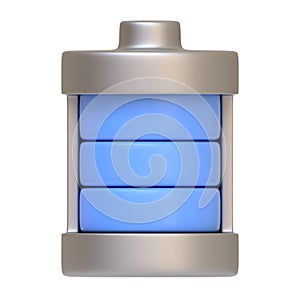 Fully charged battery icon glowing blue, representing full power and high energy level isolated on white background