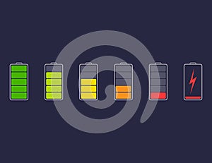 Fully charged, discharged half, discharged fully battery smartphone. Charge level indicators cellphone. Percentage charge mobile.