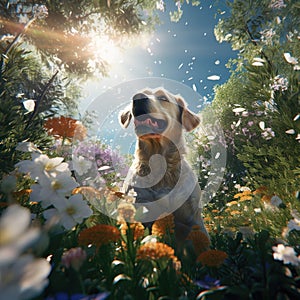 A fully clothed dog standing in a sea of flowers Generative AI