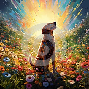 A fully clothed dog standing in a sea of flowers Generative AI