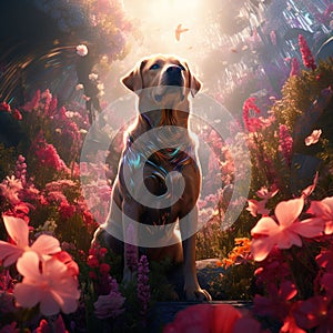 A fully clothed dog standing in a sea of flowers Generative AI