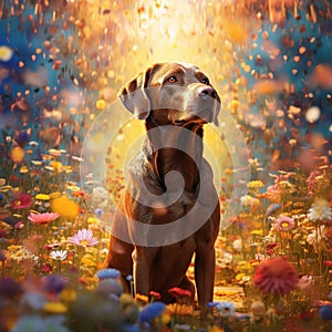 A fully clothed dog standing in a sea of flowers Generative AI