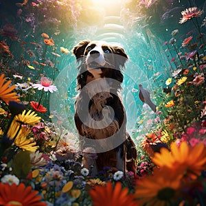 A fully clothed dog standing in a sea of flowers Generative AI