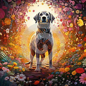 A fully clothed dog standing in a sea of flowers Generative AI