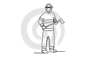 A fully clothed firefighter holding an axe