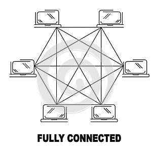Fully connected network topology vector black linear flat style icon