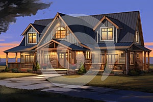 fully lit farmhouse highlighting a prominent gabled front entry, magazine style illustration