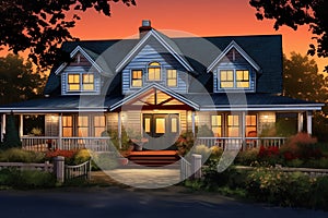 fully lit farmhouse highlighting a prominent gabled front entry, magazine style illustration