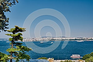Fully loaded container ship moving through Bosprus