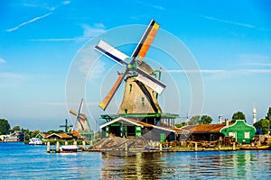 Fully operational historic Dutch Windmills along the Zaan River