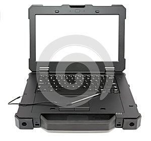 Fully Rugged Laptop with blank screen, isolated on a white.