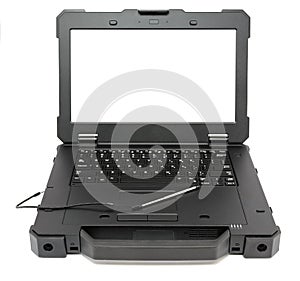 Fully Rugged Laptop with blank screen, isolated on a white. photo