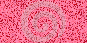 Fully Seamless Texture Pattern with lots of red hand drawn Hearts on pink background.
