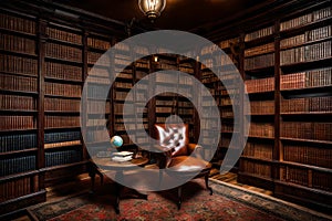 A fully stocked library, featuring rows of antique leather-bound books and a cozy reading corner with a vintage globe