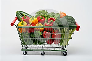 Fully stocked supermarket cart showcasing vibrant fruits and vegetables on white background