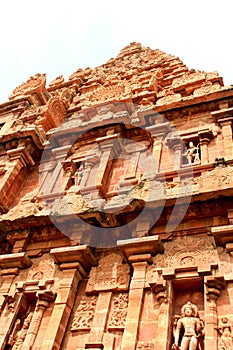 Fully stone tower wall in the ancient Brihadisvara Temple in Thanjavur, india.