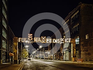 Fulton Market District on Fulton Market Street. Night scene. Street in Chicago, streets in Illinois. photo